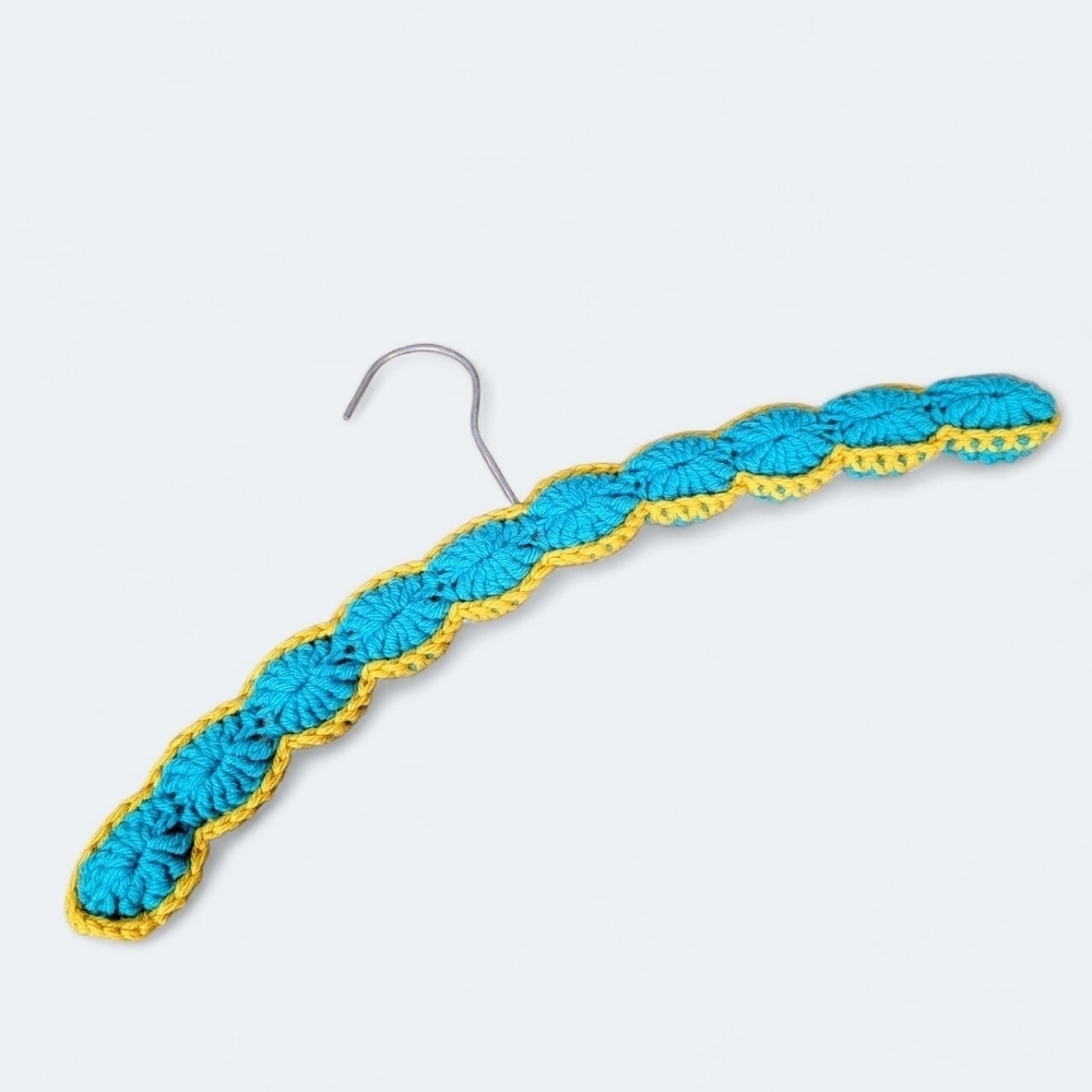 Vintage Handmade Aqua Blue and Yellow Crochet Covered Hanger